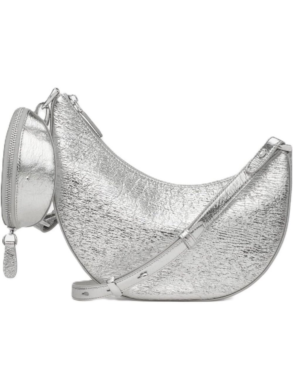 Womens Metallic Silver Leather Duo Crossbody Bag Adjustable Strap Shoulder Purse